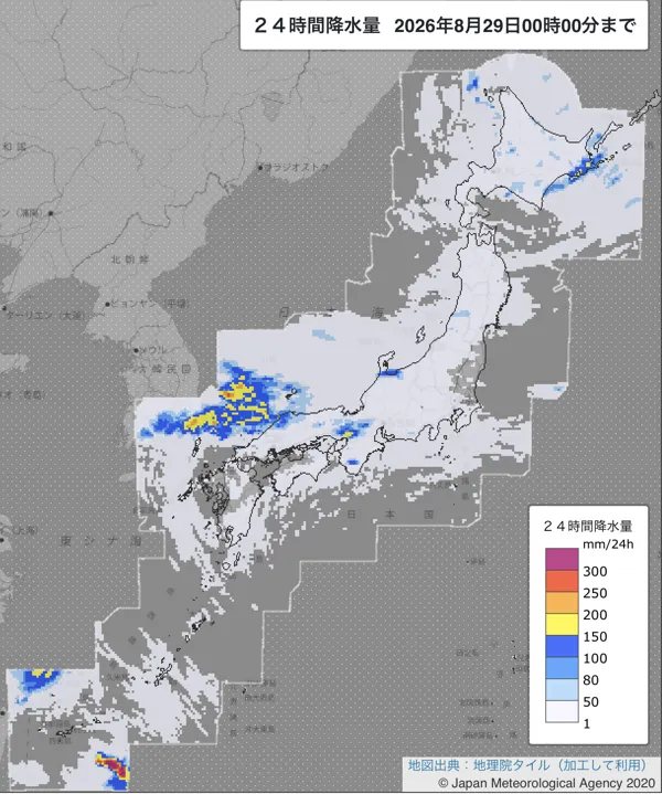 2026年8月28日の日本周辺の日解析雨量の図