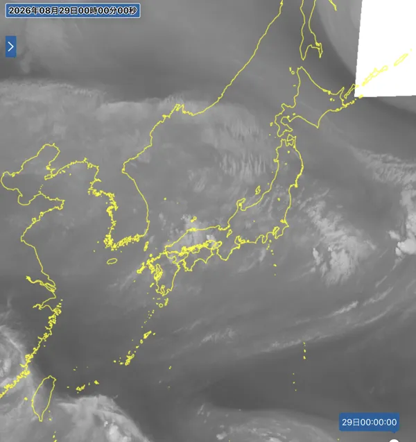 2026年8月28日24時の日本周辺の衛星水蒸気画像