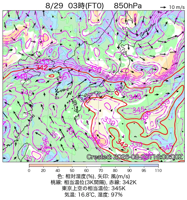 2026年8月29日の日本周辺の850hPa天気図（3時）