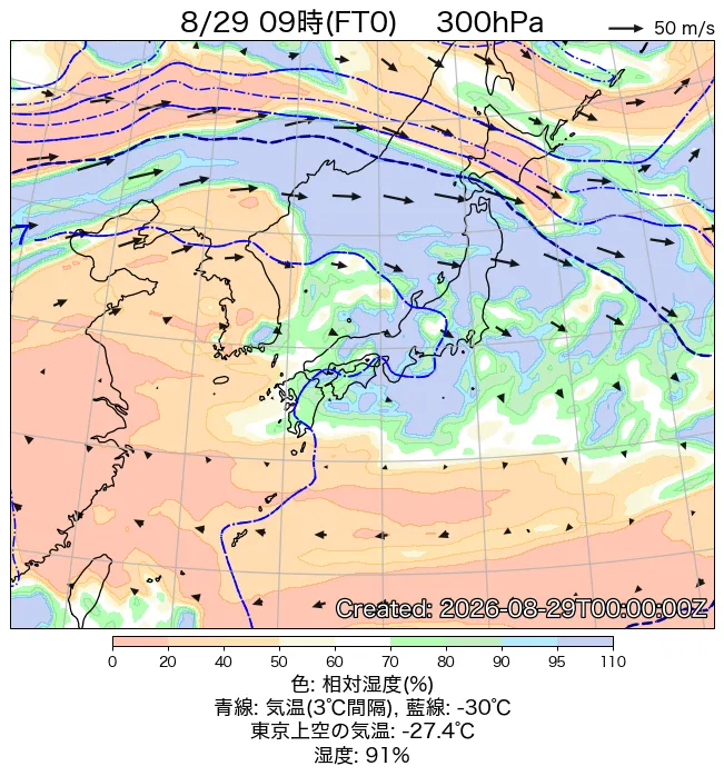 2026年8月29日の日本周辺の300hPa天気図（9時）