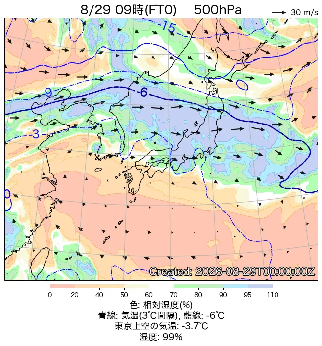 2026年8月29日の日本周辺の500hPa天気図（9時）