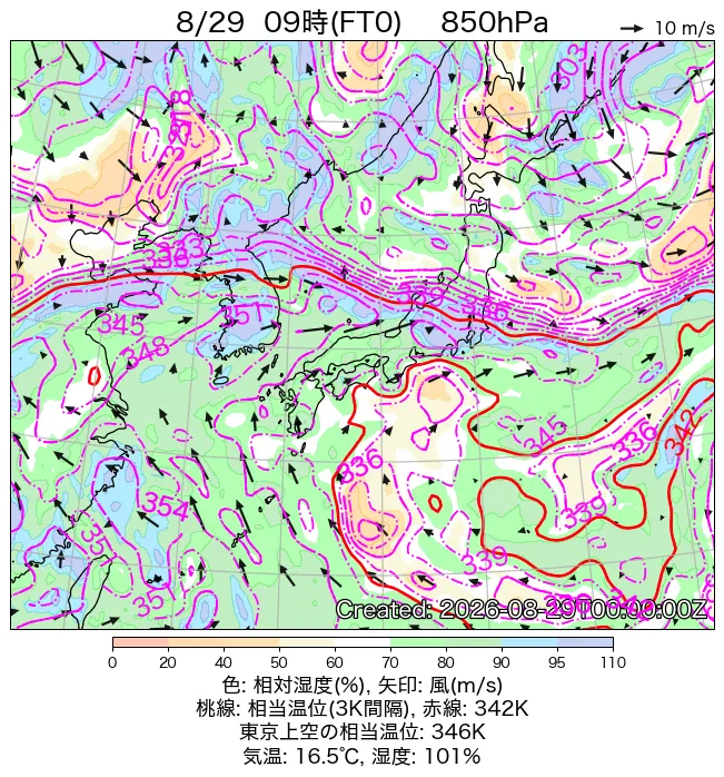 2026年8月29日の日本周辺の850hPa天気図（9時）