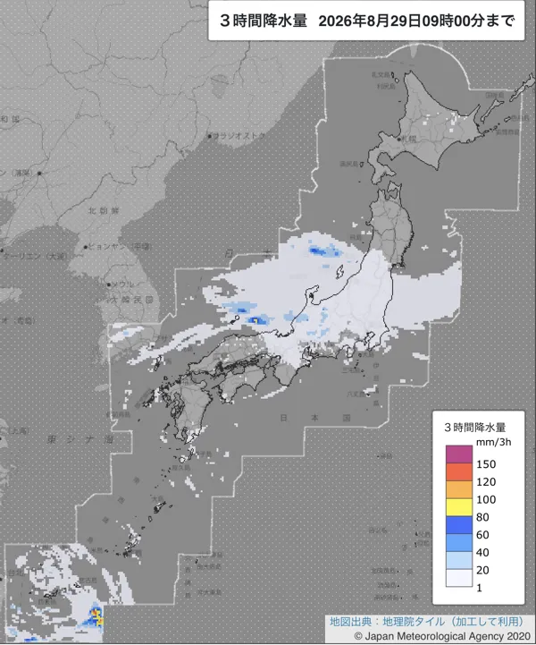2026年8月29日6〜9時の日本周辺の3時間解析降水量