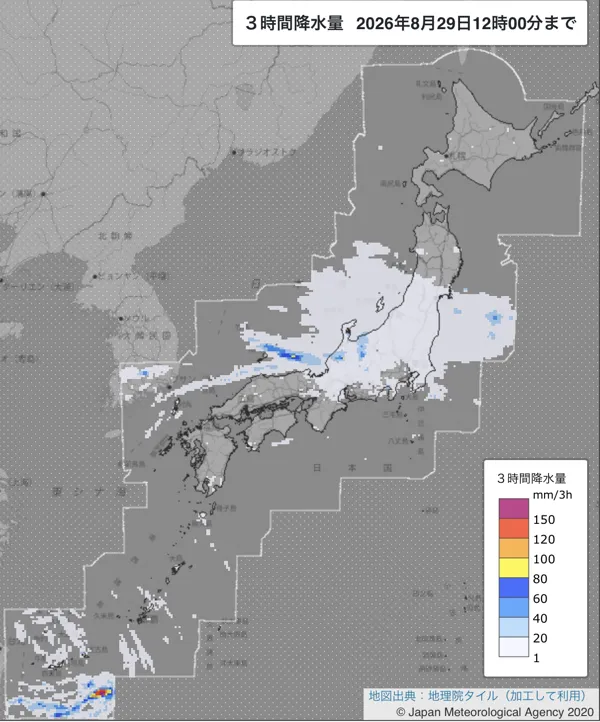 2026年8月29日9〜12時の日本周辺の3時間解析降水量