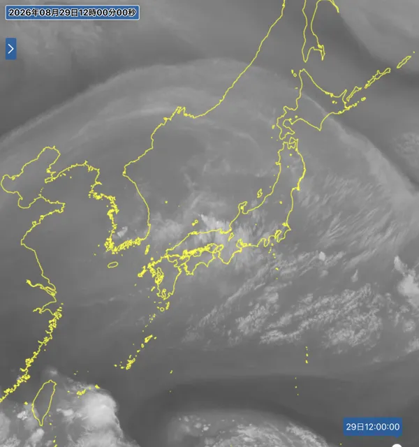 2026年8月29日12時の日本周辺の衛星水蒸気画像