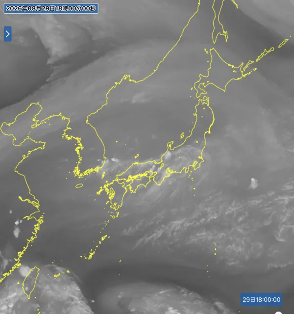 2026年8月29日18時の日本周辺の衛星水蒸気画像