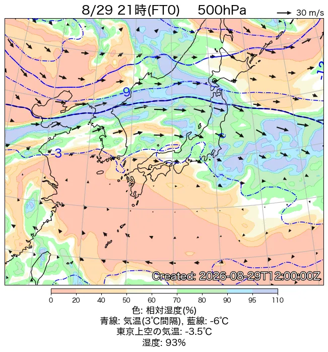 2026年8月29日の日本周辺の500hPa天気図（21時）