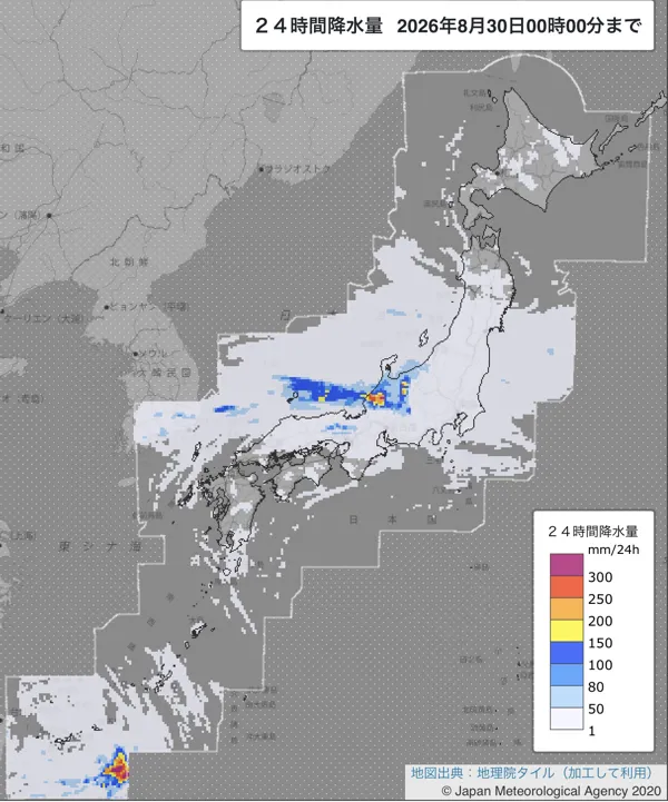 2026年8月29日の日本周辺の日解析雨量の図