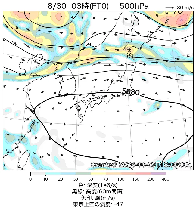 2026年8月30日の日本周辺の500hPa天気図（3時）