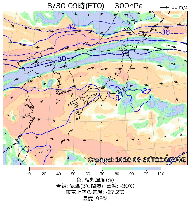 2026年8月30日の日本周辺の300hPa天気図（9時）