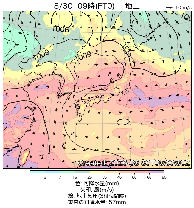 2026年8月30日の日本周辺の地上天気図（9時）