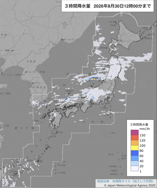 2026年8月30日9〜12時の日本周辺の3時間解析降水量