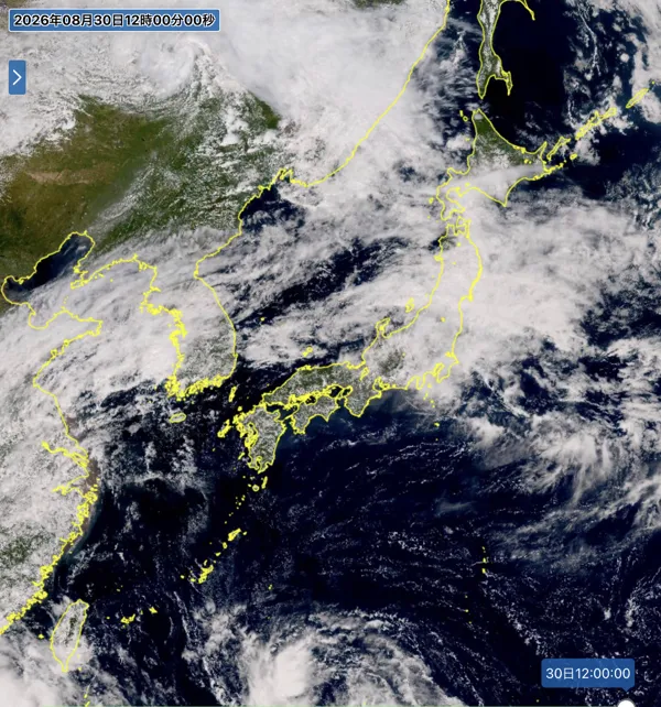 2026年8月30日12時の日本周辺の衛星可視画像
