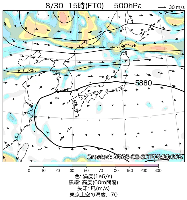 2026年8月30日の日本周辺の500hPa天気図（15時）