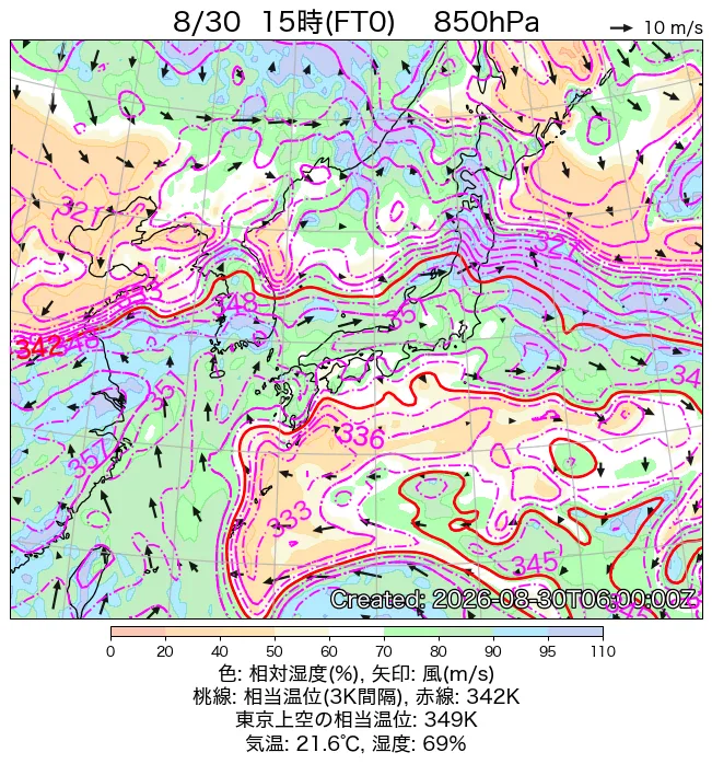 2026年8月30日の日本周辺の850hPa天気図（15時）