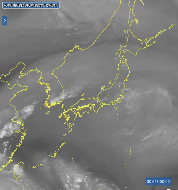 2026年8月30日18時の日本周辺の衛星水蒸気画像