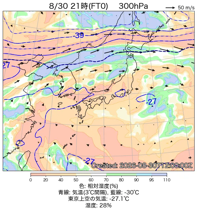2026年8月30日の日本周辺の300hPa天気図（21時）