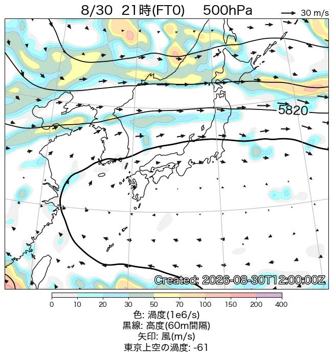 2026年8月30日の日本周辺の500hPa天気図（21時）