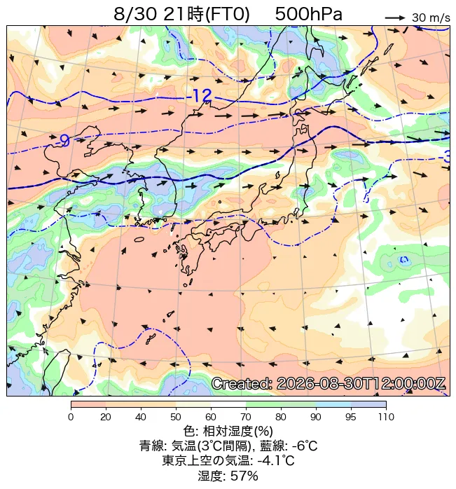 2026年8月30日の日本周辺の500hPa天気図（21時）
