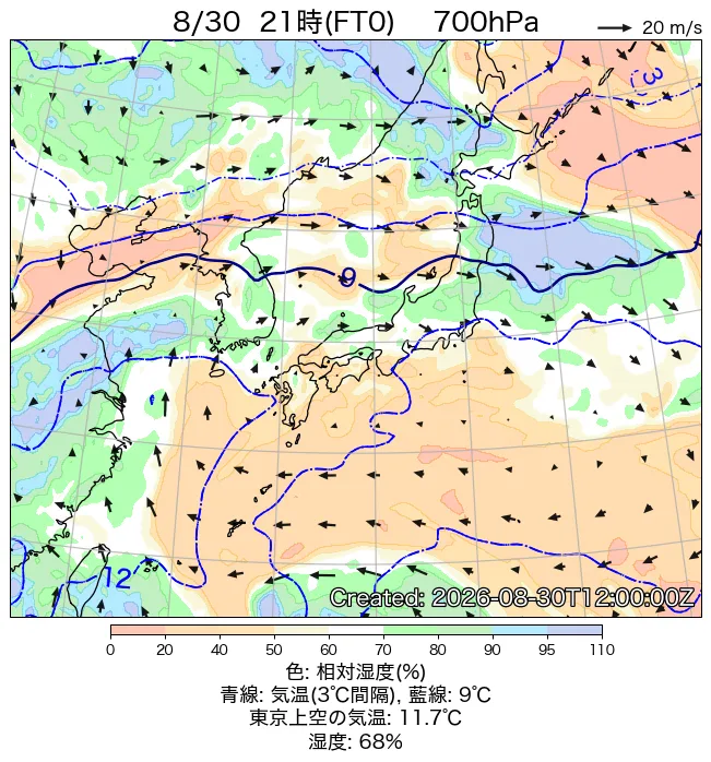 2026年8月30日の日本周辺の700hPa天気図（21時）