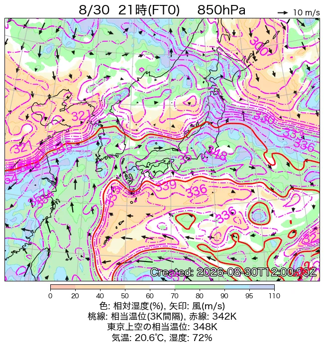 2026年8月30日の日本周辺の850hPa天気図（21時）