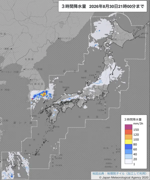 2026年8月30日18〜21時の日本周辺の3時間解析降水量