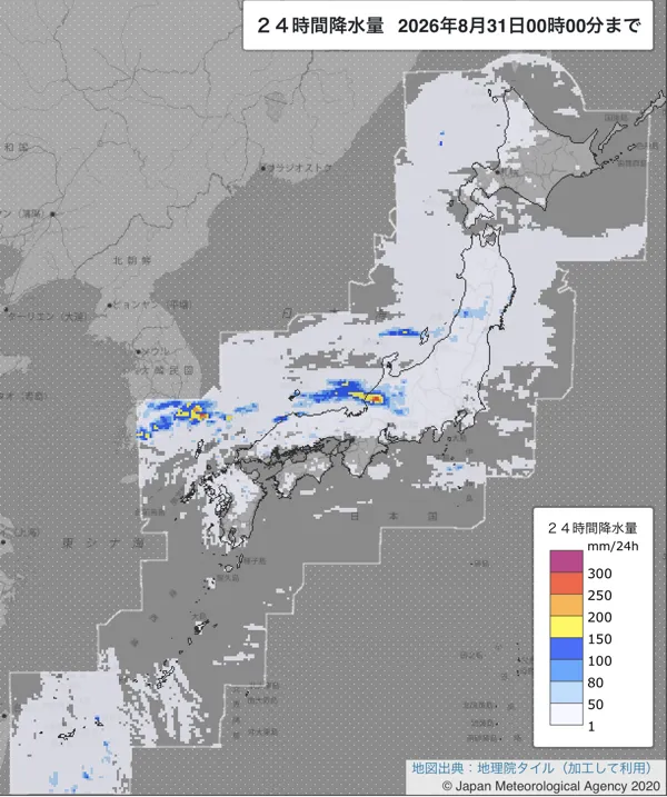 2026年8月30日の日本周辺の日解析雨量の図