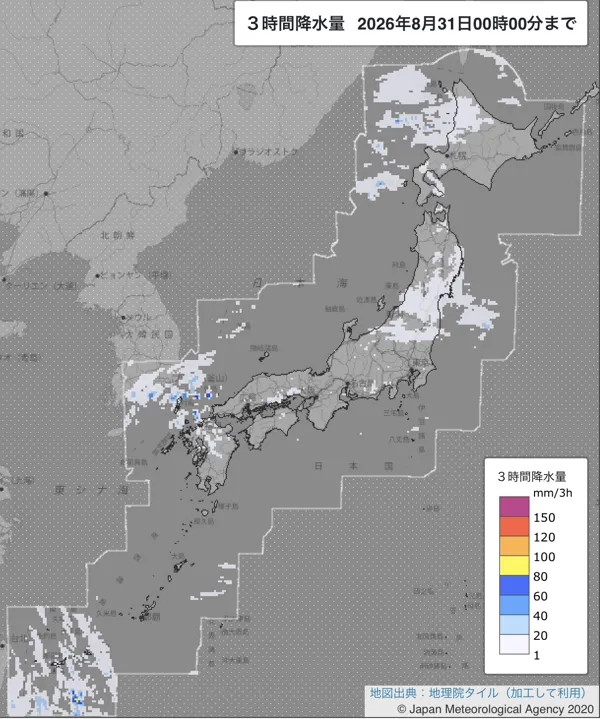 2026年8月30日21〜24時の日本周辺の3時間解析降水量
