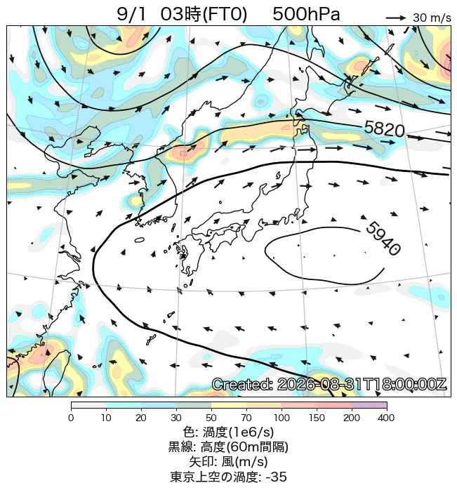 2026年9月1日の日本周辺の500hPa天気図（3時）