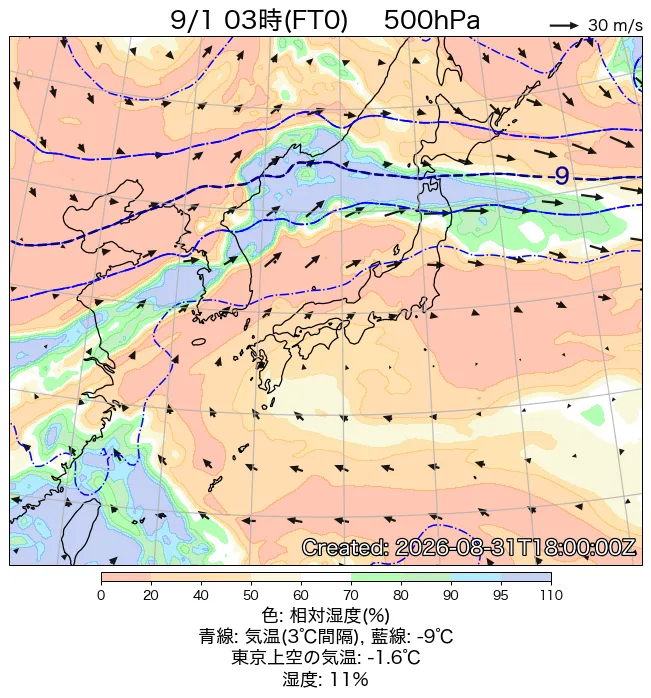 2026年9月1日の日本周辺の500hPa天気図（3時）