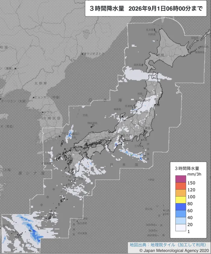 2026年9月1日3〜6時の日本周辺の3時間解析降水量