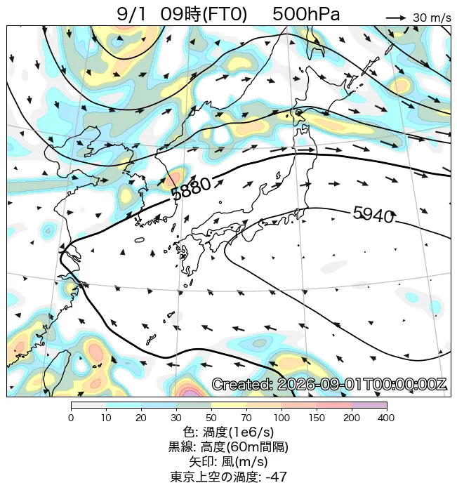 2026年9月1日の日本周辺の500hPa天気図（9時）