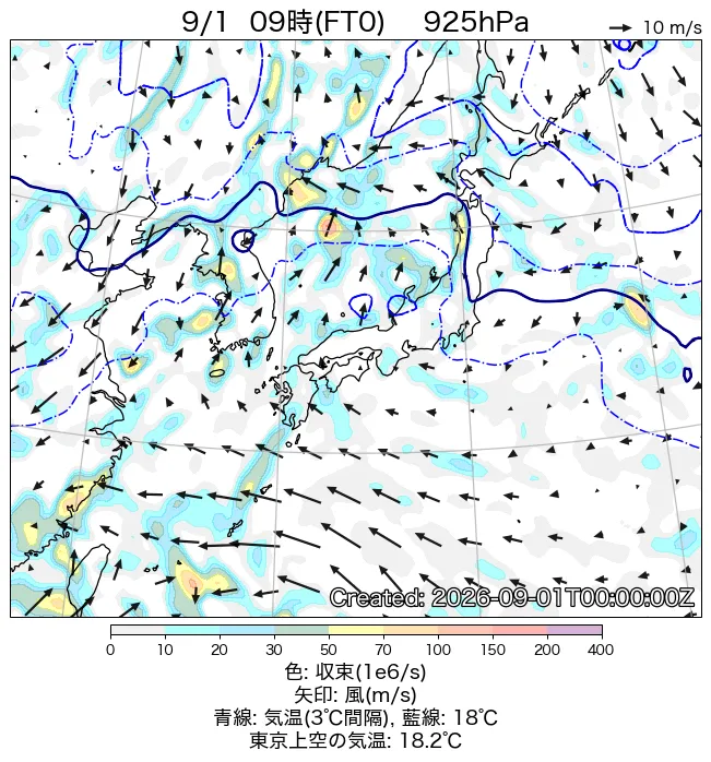 2026年9月1日の日本周辺の925hPa天気図（9時）