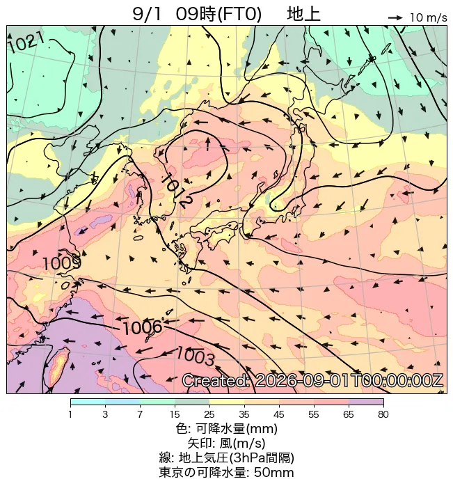 2026年9月1日の日本周辺の地上天気図（9時）