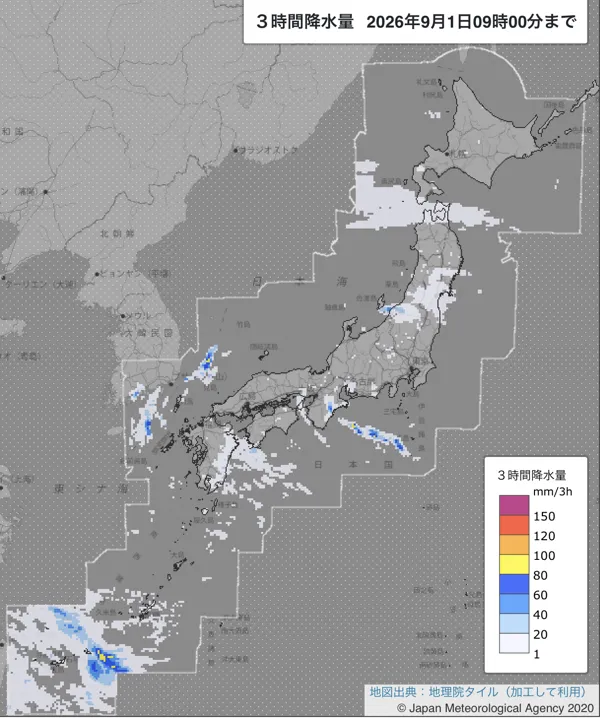 2026年9月1日6〜9時の日本周辺の3時間解析降水量