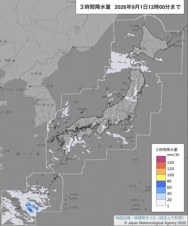 2026年9月1日9〜12時の日本周辺の3時間解析降水量