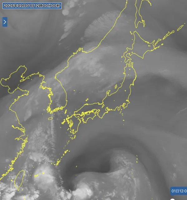 2026年9月1日12時の日本周辺の衛星水蒸気画像