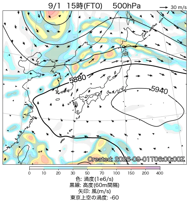2026年9月1日の日本周辺の500hPa天気図（15時）