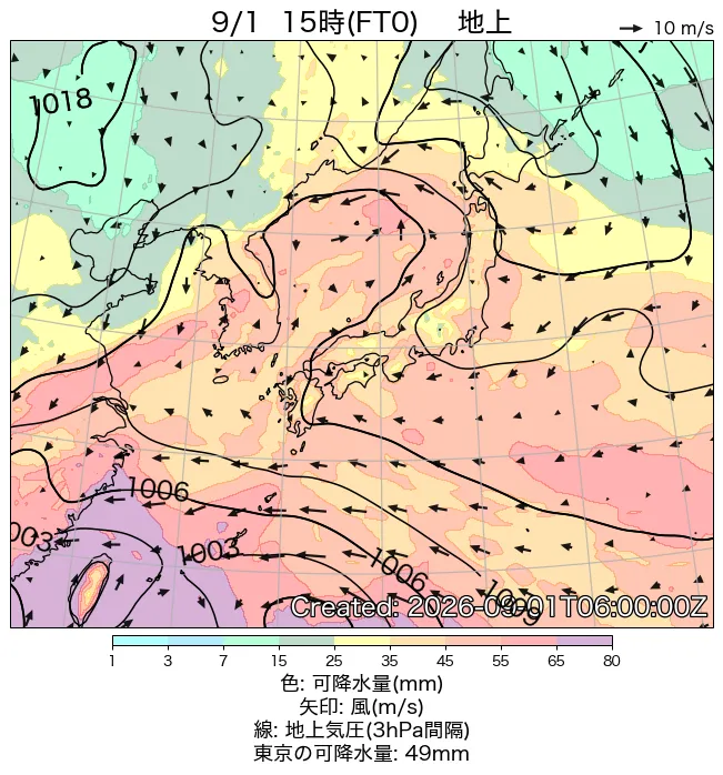 2026年9月1日の日本周辺の地上天気図（15時）