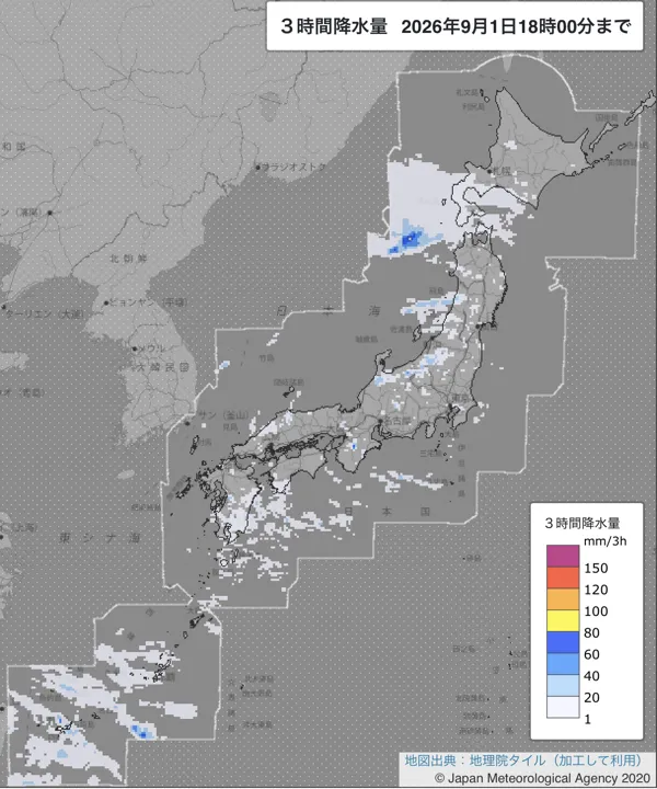 2026年9月1日15〜18時の日本周辺の3時間解析降水量