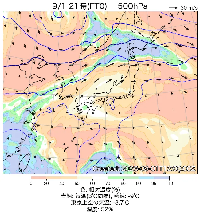2026年9月1日の日本周辺の500hPa天気図（21時）