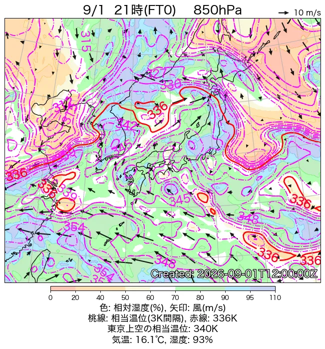 2026年9月1日の日本周辺の850hPa天気図（21時）