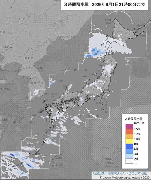 2026年9月1日18〜21時の日本周辺の3時間解析降水量