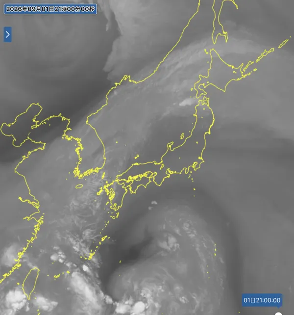 2026年9月1日21時の日本周辺の衛星水蒸気画像