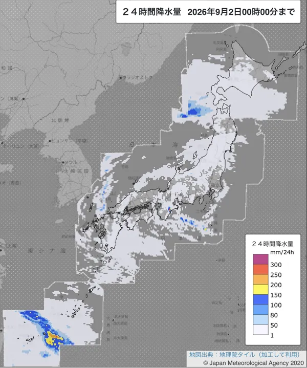 2026年9月1日の日本周辺の日解析雨量の図