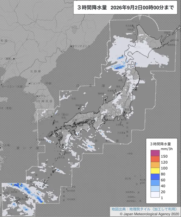 2026年9月1日21〜24時の日本周辺の3時間解析降水量