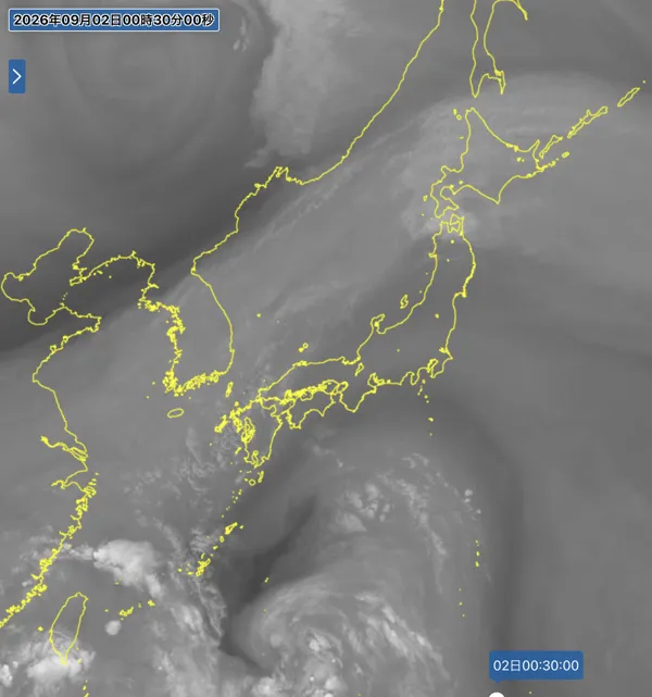 2026年9月1日24時の日本周辺の衛星水蒸気画像