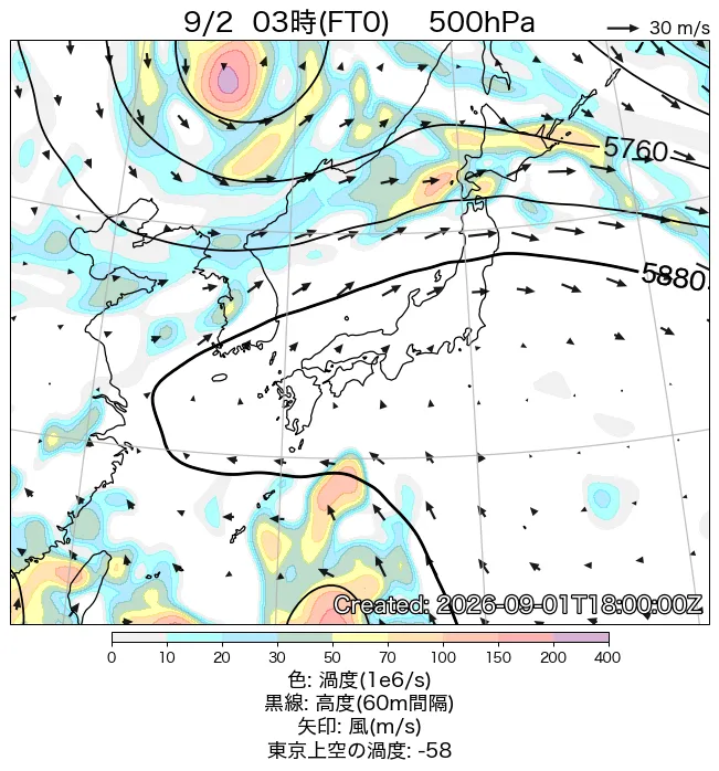 2026年9月2日の日本周辺の500hPa天気図（3時）