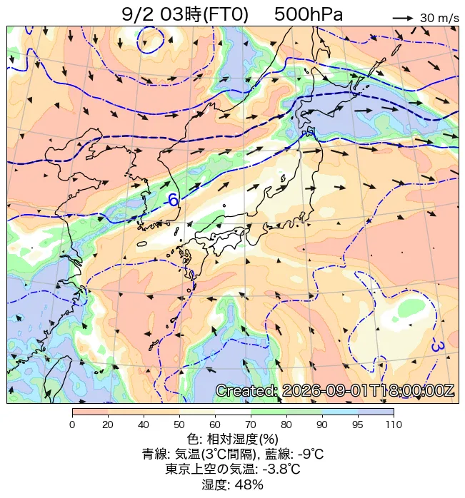 2026年9月2日の日本周辺の500hPa天気図（3時）
