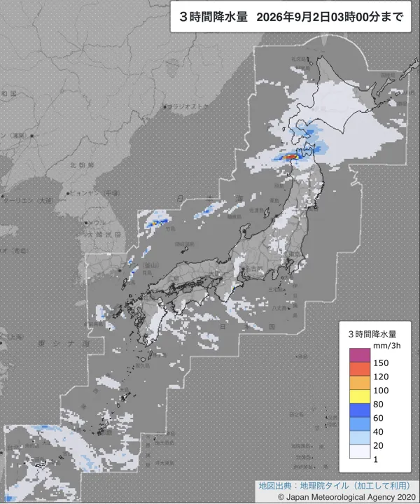 2026年9月2日0〜3時の日本周辺の3時間解析降水量